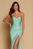 Mint Green Satin Mermaid Sweetheart Ruched Long Bridesmaid Dress with Slit