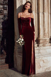Burgundy Velvet Cold Shoulder Sheath Long Sleeves Bridesmaid Dress with Slit