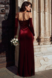 Burgundy Velvet Cold Shoulder Sheath Long Sleeves Bridesmaid Dress with Slit