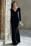 Navy Sheath Velvet V-Neck Long Sleeves Bridemaid Dress with Slit