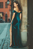 Peacock Green Off The Shoulder Velvet Sheath Long Bridesmaid Dress with Slit