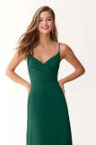 Dark Green Sheath Chiffon Spaghetti Straps Long Bridesmaid Dress