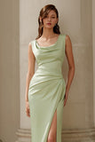 Dusty Sage Sheath Ruched Cowl Neck Maxi Bridesmaid Dress