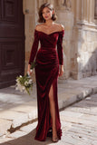 Burgundy Sheath Off the Shoulder Long Bridesmaid Dress with Slit