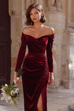 Burgundy Sheath Off the Shoulder Long Bridesmaid Dress with Slit