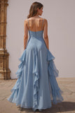 Dusty Blue A Line Ruffled Spaghetti Straps Long Bridesmaid Dress