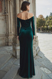 Dark Green Sheath Off the Shoulder Ruched Maxi Bridesmaid Dress with Slit