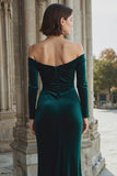 Dark Green Sheath Off the Shoulder Ruched Maxi Bridesmaid Dress with Slit