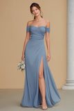 Twilight Maxi A Line Off the Shoulder Bridesmaid Dress with Slit