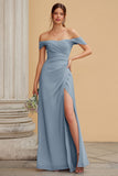 Dusty Blue Off the Shoulder Maxi A Line Bridesmaid Dress with Slit