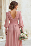 Dusty Rose V-Neck Maxi A Line Bridesmaid Dress with Sleeves