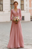 Dusty Rose V-Neck A Line Maxi Bridesmaid Dress with Sleeves