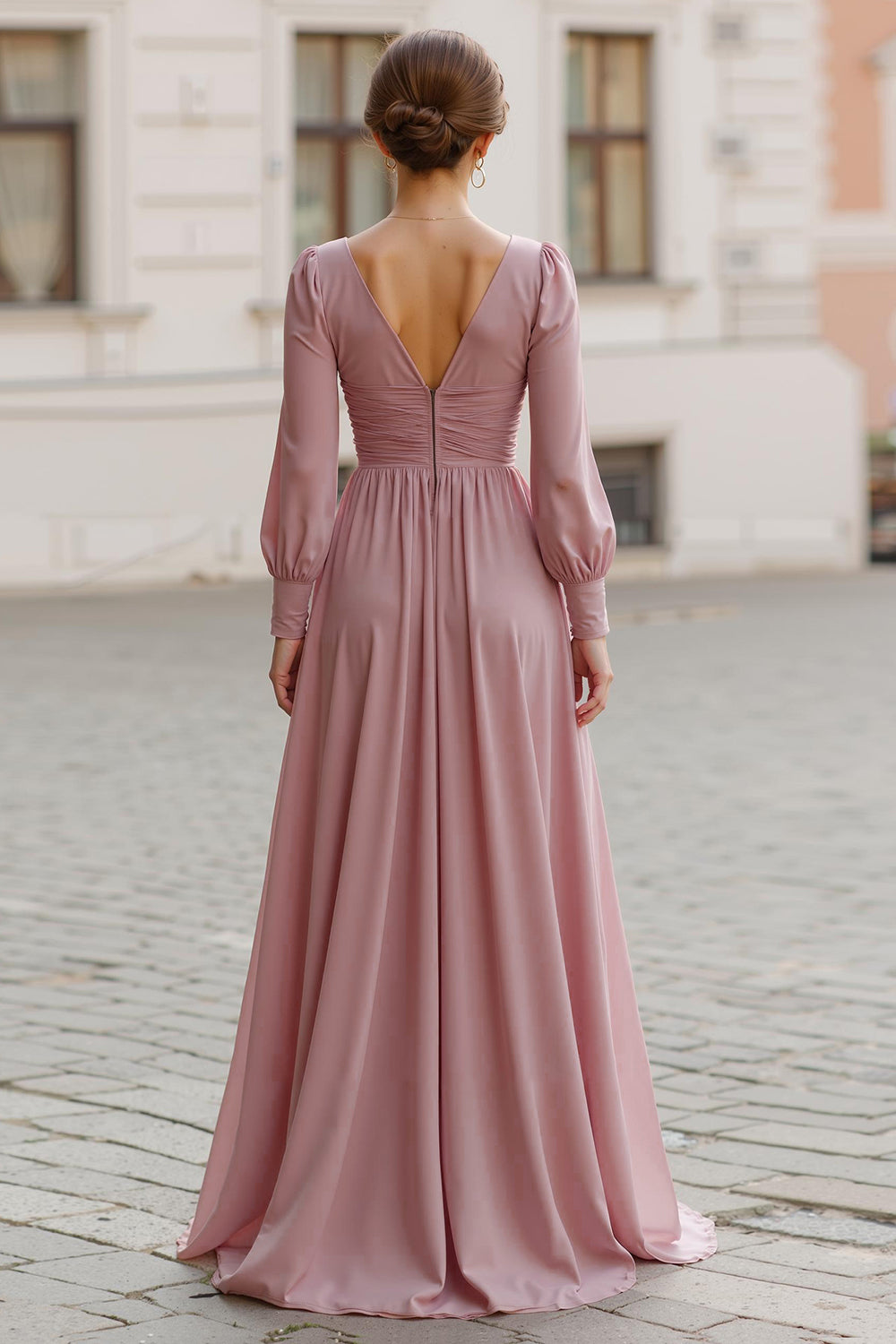 dusty rose bridesmaid dresses australia Zapaka Women Dusty Rose Maxi Bridesmaid Dress with Sleeves V-Neck A Line Ruched Wedding Guest Dress ZAPAKA AU