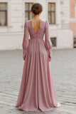 Dusty Rose V-Neck A Line Maxi Bridesmaid Dress with Sleeves
