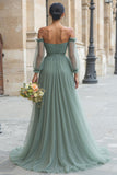 Eucalyptus Off the Shoulder Long A Line Bridesmaid Dress with Sleeves