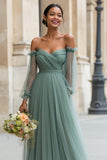 Eucalyptus Off the Shoulder Long A Line Bridesmaid Dress with Sleeves