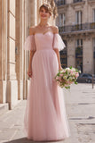 Blush Pink Long Off the Shoulder A Line Bridesmaid Dress