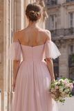 Blush Pink Long Off the Shoulder A Line Bridesmaid Dress