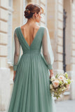 Eucalyptus A Line Long Sleeves V-Neck Choir Dress