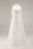 White Chiffon Off the Shoulder A-Line Sweep Train Wedding Dress with Lace