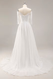 White Chiffon Off the Shoulder A-Line Sweep Train Wedding Dress with Lace