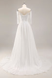 White A-Line Off The Shoulder Half Sleeves Wedding Dress with Lace