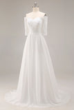 White A-Line Off The Shoulder Half Sleeves Wedding Dress with Lace