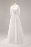 White Chiffon Off the Shoulder A-Line Sweep Train Wedding Dress with Lace