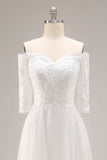 White Chiffon Off the Shoulder A-Line Sweep Train Wedding Dress with Lace