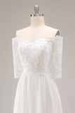 White A-Line Off The Shoulder Half Sleeves Wedding Dress with Lace