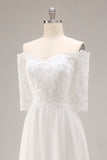White Chiffon Off the Shoulder A-Line Sweep Train Wedding Dress with Lace