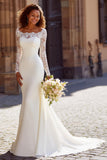White Mermaid Sweep Train Long Sleeves Wedding Dress with Lace