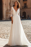 Ivory V-Neck A Line Long Wedding Dress with Sleeves