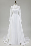 Ivory A-Line High Neck Satin Wedding Dress with Lace