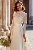 Ivory A Line Long Sleeves High Neck Sweep Train Wedding Dress with Lace
