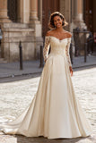 Off the Shoulder A-Line Ivory Lace Appliqued Sweep Train Wedding Dress