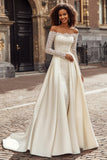 A-Line Ivory Off the Shoulder Lace Appliqued Sweep Train Wedding Dress