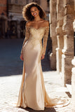 Champagne Sheath Off the Shoulder Lace Appliqued Court Train Wedding Dress
