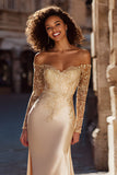 Champagne Sheath Off the Shoulder Lace Appliqued Court Train Wedding Dress