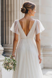Ivory V-Neck A Line Short Sleeve Wedding Dress