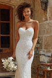 Ivory Strapless Mermaid Lace Court Train Wedding Dress