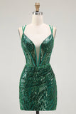 Sparkly Dark Green Bodycon Backless Short Corset Homecoming Dress with Sequins