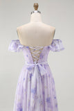 Lavender Floral Ruffled Off The Shoulder A Line Long Bridesmaid Dress