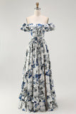 Blue Floral Corset Ruffled Off The Shoulder A Line Long Bridesmaid Dress