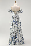 Blue Floral Corset Ruffled Off The Shoulder A Line Long Bridesmaid Dress