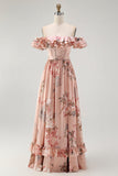 Blush Floral Corset A Line Ruffled Long Bridesmaid Dress