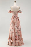 Blush Floral Corset A Line Ruffled Long Bridesmaid Dress