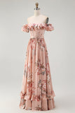 Blush Floral Corset A Line Ruffled Long Bridesmaid Dress