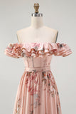 Blush Floral Corset A Line Ruffled Long Bridesmaid Dress