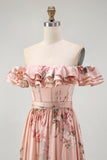 Blush Floral Corset A Line Ruffled Long Bridesmaid Dress